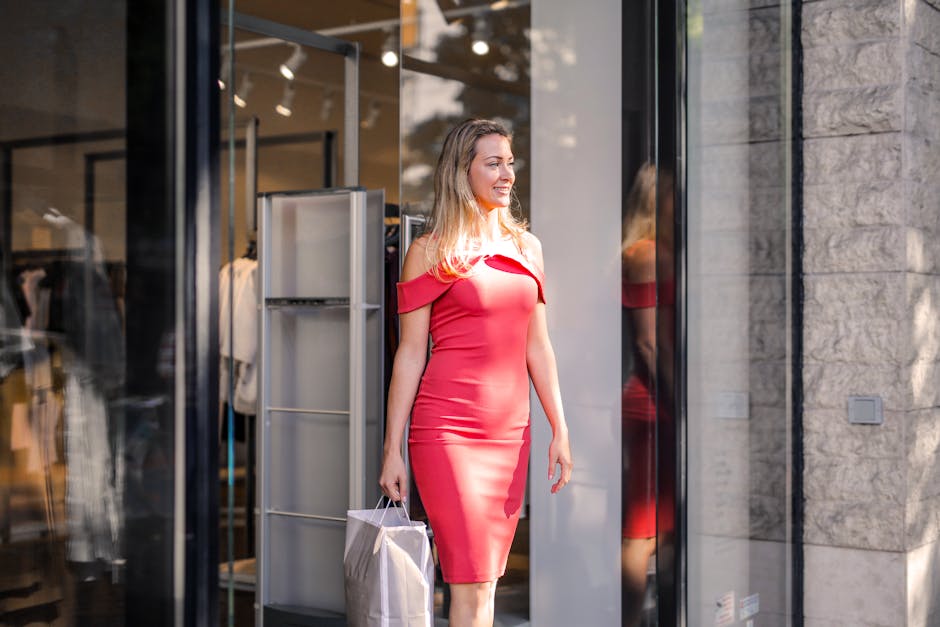 Young woman in a pink dress leaving a clothing store with shopping bags, smiling.