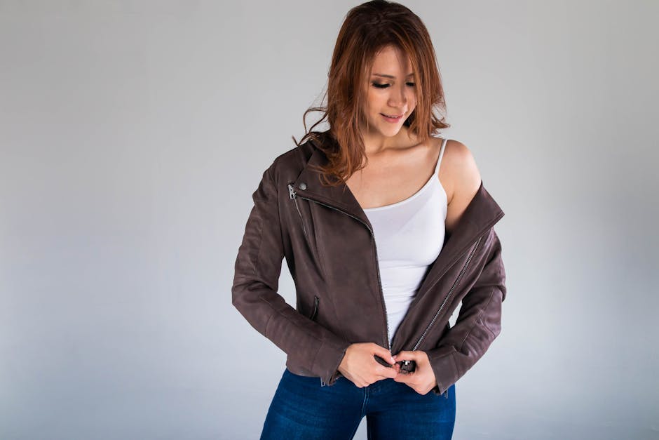 Fashion-forward woman wearing a leather jacket, showcasing casual style vibes.