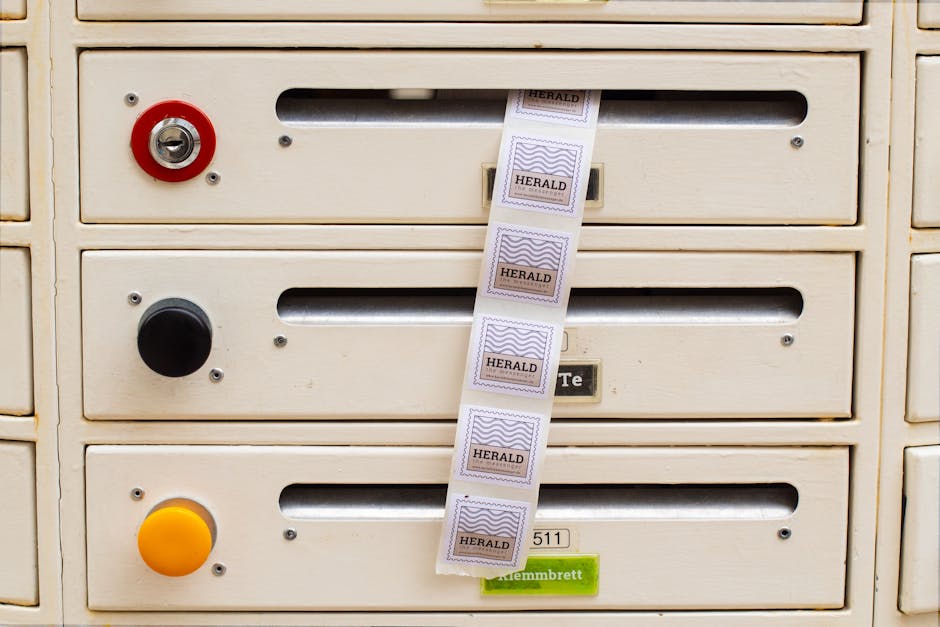 Close-up of vintage mailboxes with colorful buttons and rolled newspaper labeled Herald.